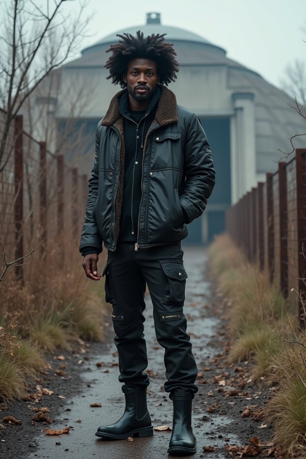 man near Chernobyl reactor sarcophagus, surrounded by rusting fences and overgrown debris. wearing black boots and black weathered jacket