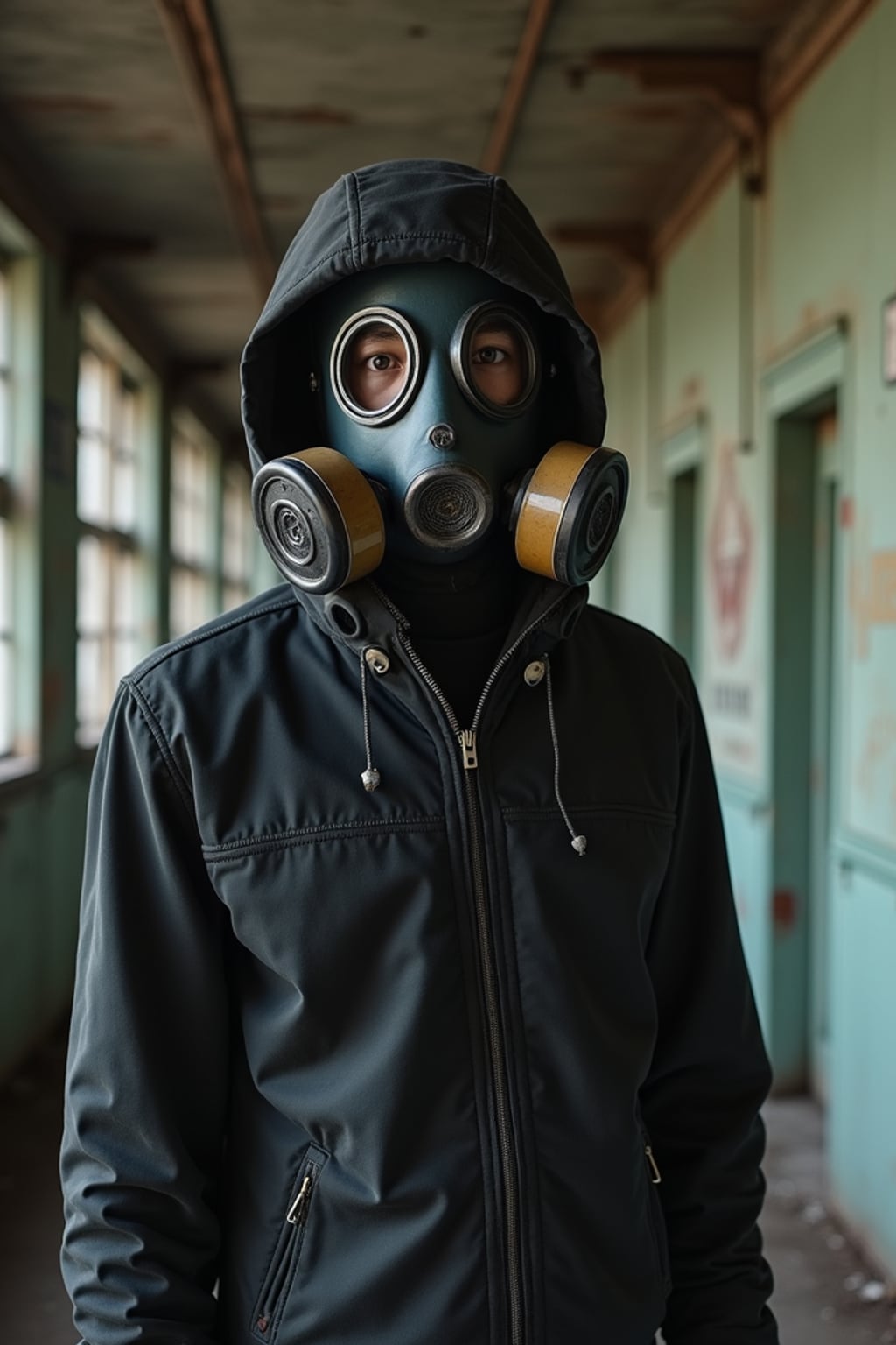 man wearing black gas mask in abandoned rusty Chernobyl.