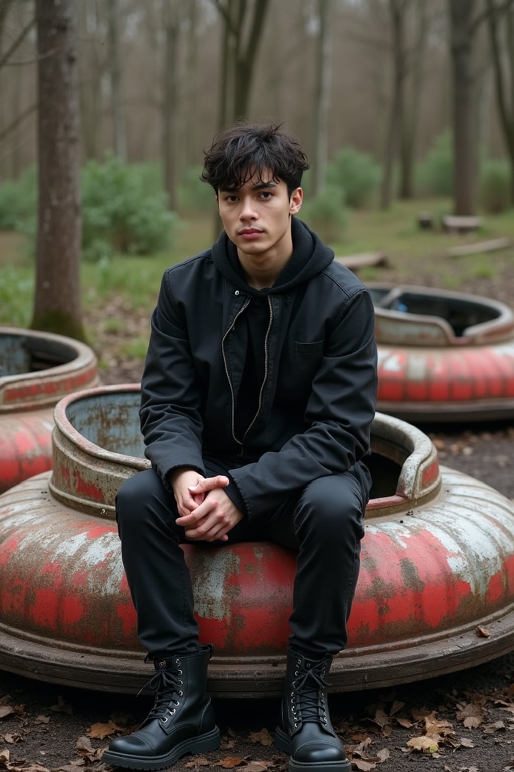 man in front of rusty bumper cars in abandoned overgrown amusement park in Chernobyl. wearing black boots and black pants.