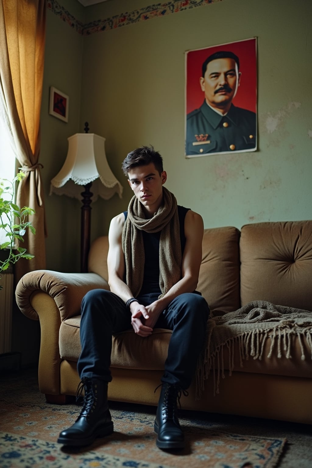 man sits on a dilapidated couch in a soviet-era apartment, wearing a faded scarf, with broken lamps and torn curtains surrounding the scene. plants growing from outside in. peeling wallpaper. poster of Stalin on wall. wearing black boots and black pants and black tank top.