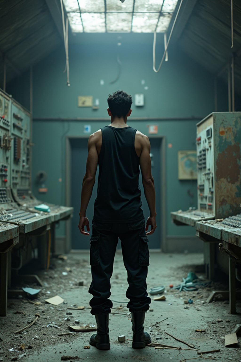 man inside the chernobyl nuclear reactor control room, standing among broken panels, shattered screens switched off. natural light from outside. wearing black boots and black pants and black tank top.