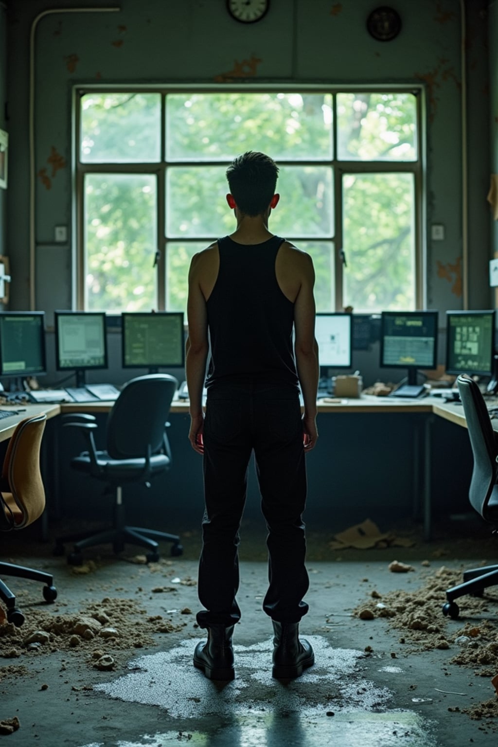 man inside the chernobyl nuclear reactor control room, standing among broken panels, shattered screens switched off. natural light from outside. wearing black boots and black pants and black tank top.