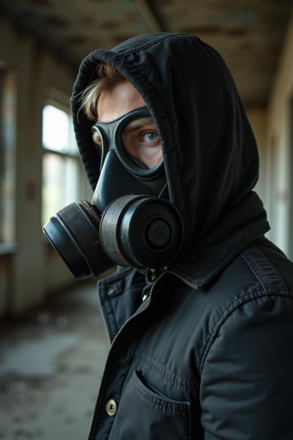 man wearing black gas mask in abandoned rusty Chernobyl.