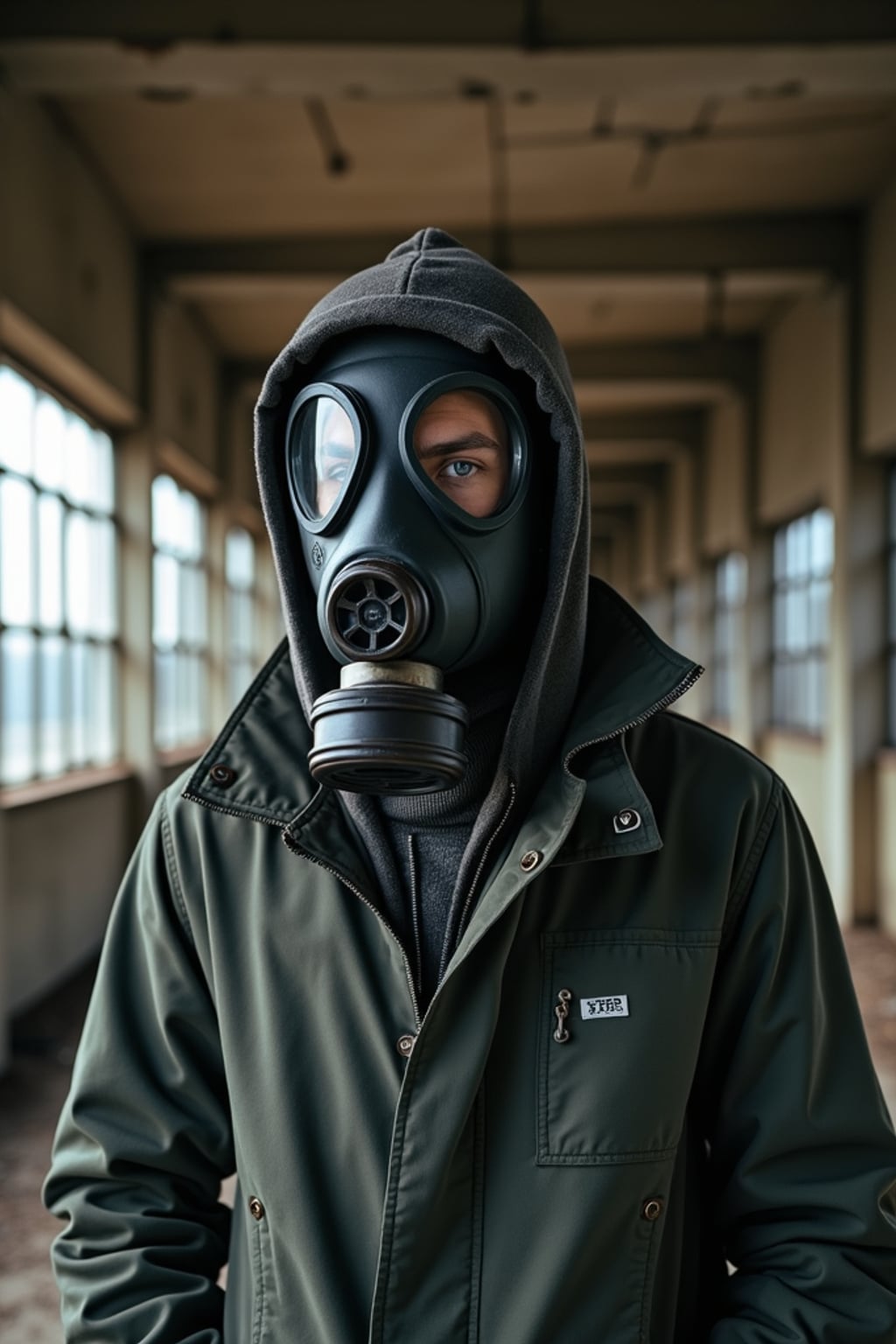 man wearing black gas mask in abandoned rusty Chernobyl.