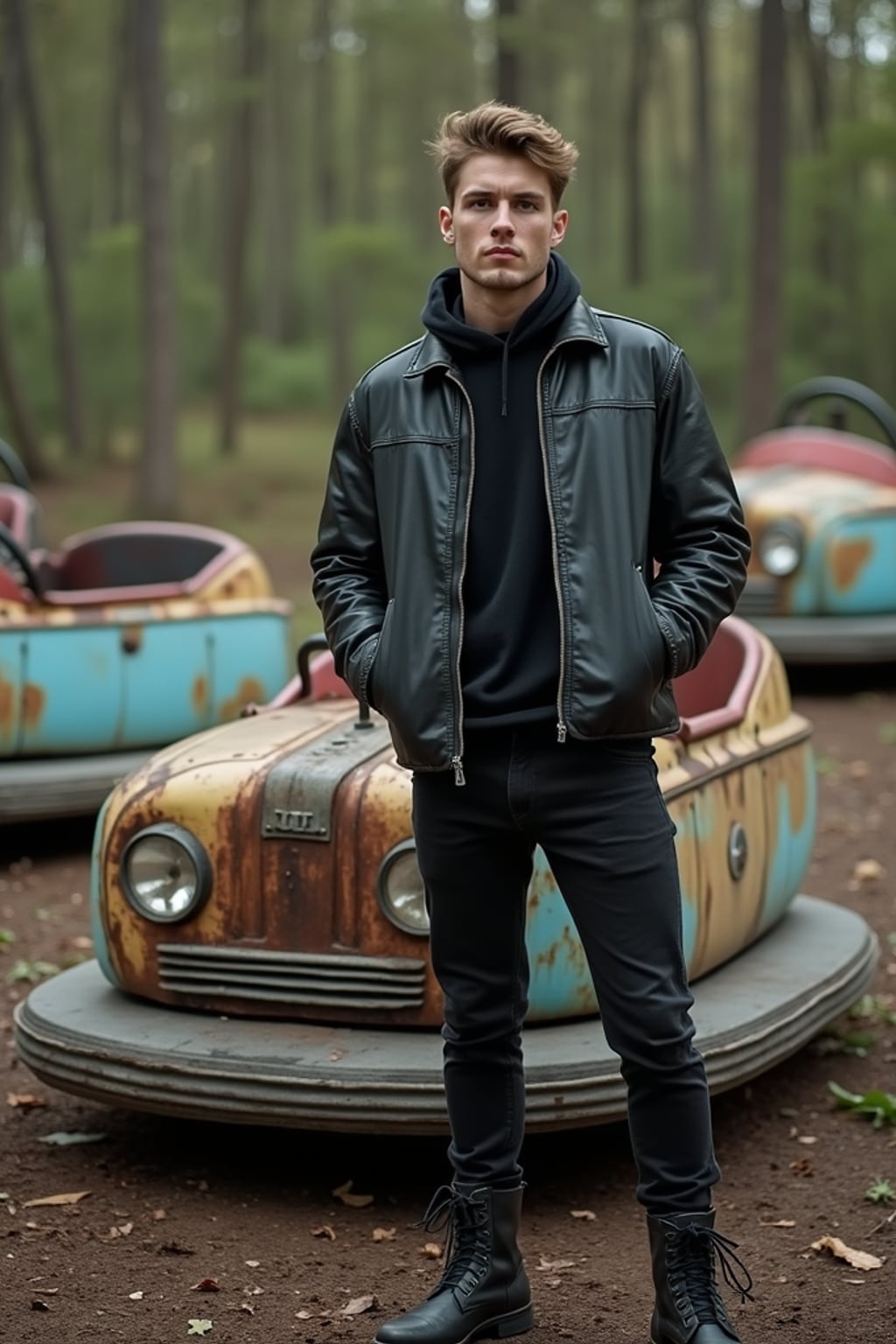 man in front of rusty bumper cars in abandoned overgrown amusement park in Chernobyl. wearing black boots and black pants.
