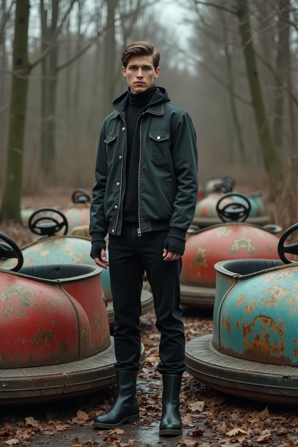 man in front of rusty bumper cars in abandoned overgrown amusement park in Chernobyl. wearing black boots and black pants.