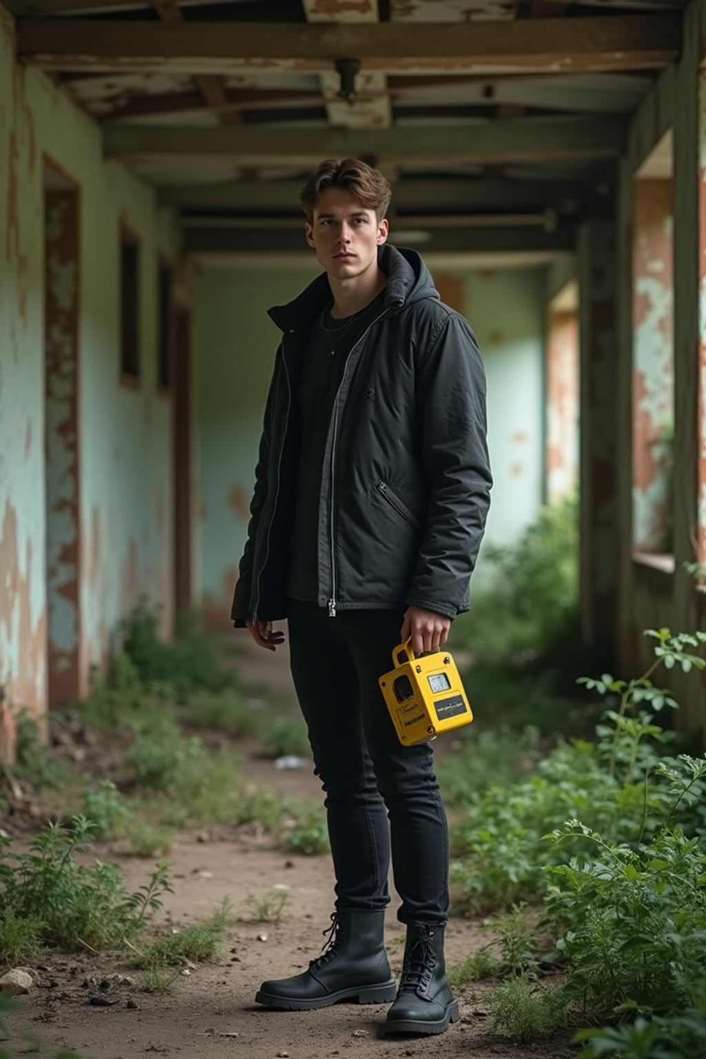 man holding a handheld small yellow geiger counter in desolate abandoned rusty building with overgrown nature. wearing black boots and black pants.