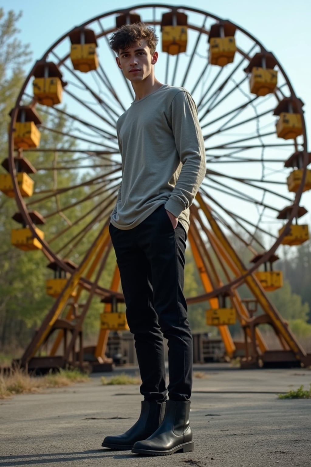 man at abandoned rusty ferris wheel with yellow carriages in Chernobyl overgrown by nature. wearing black boots and black pants. the ground is concrete.