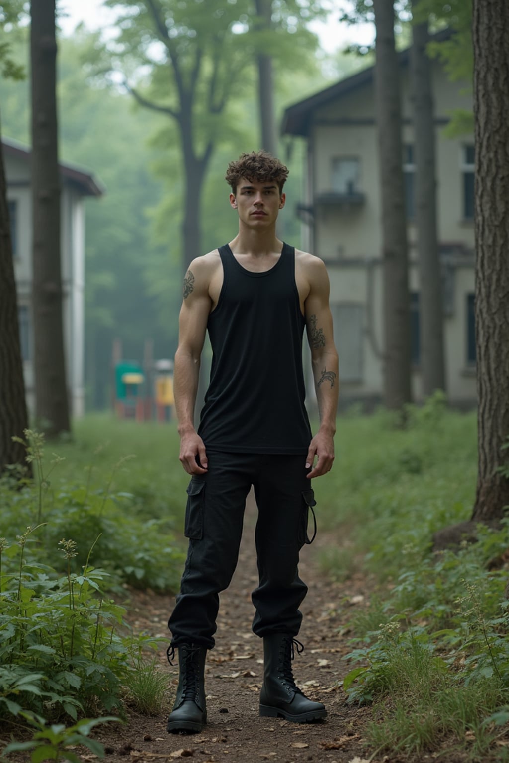 man in the overgrown Pripyat forest, trees towering over crumbling buildings and abandoned playgrounds in the background. wearing black boots and black pants and black tank top.