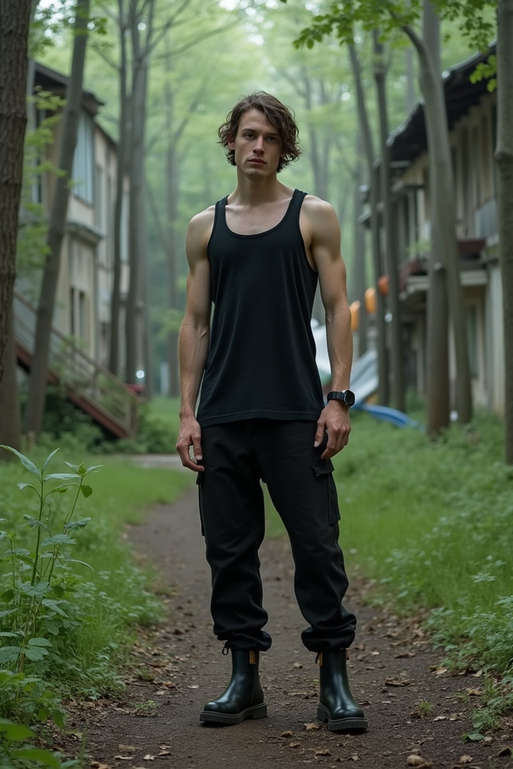 man in the overgrown Pripyat forest, trees towering over crumbling buildings and abandoned playgrounds in the background. wearing black boots and black pants and black tank top.
