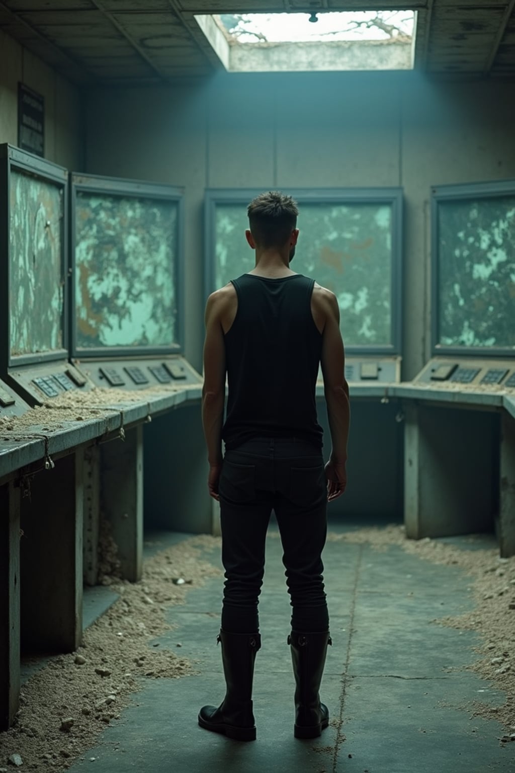 man inside the chernobyl nuclear reactor control room, standing among broken panels, shattered screens switched off. natural light from outside. wearing black boots and black pants and black tank top.