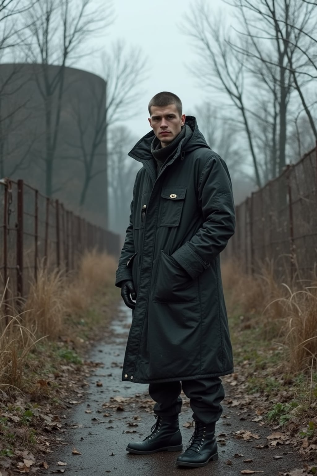 man near Chernobyl reactor sarcophagus, surrounded by rusting fences and overgrown debris. wearing black boots and black weathered jacket
