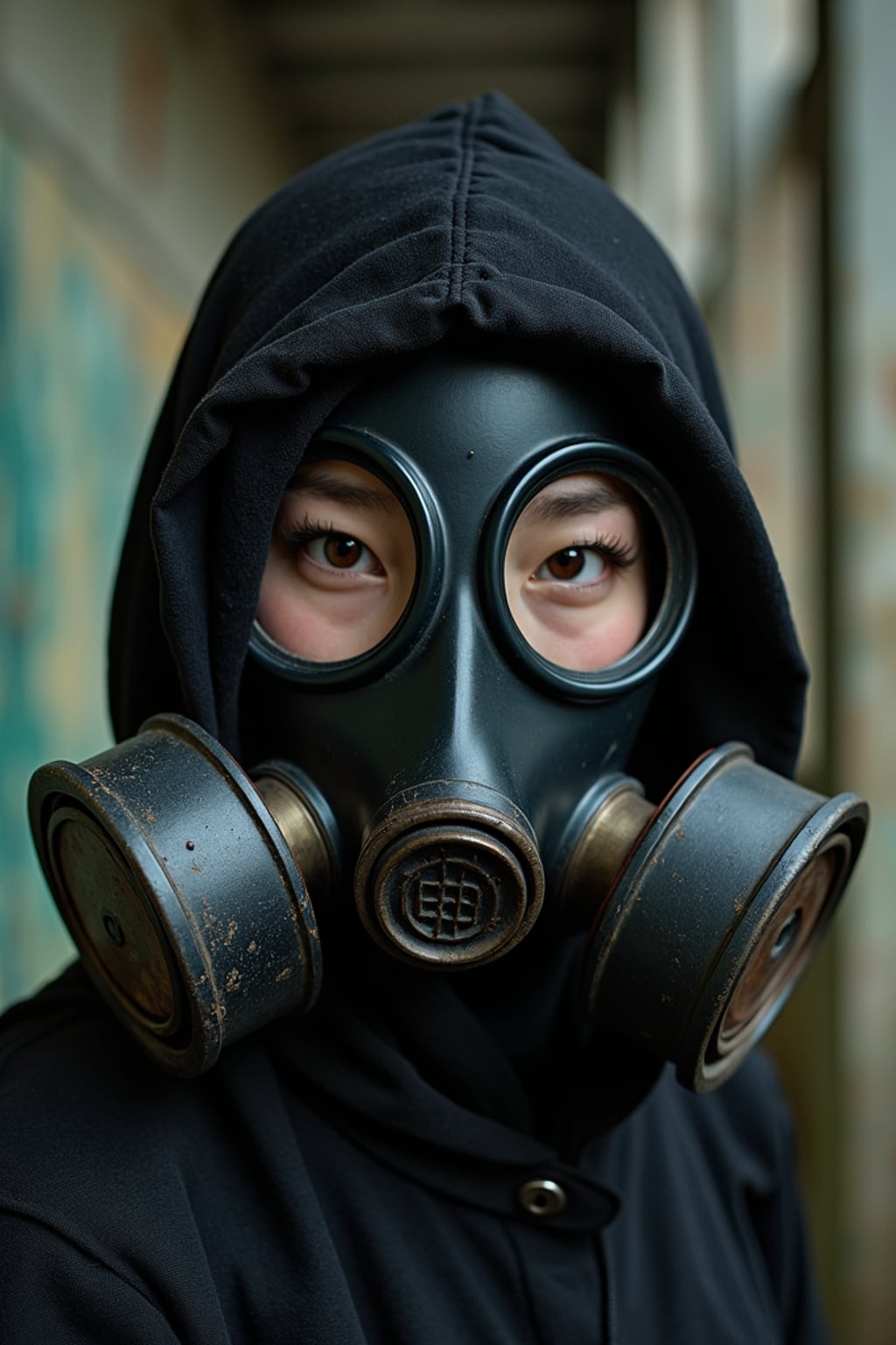woman wearing black gas mask in abandoned rusty Chernobyl.