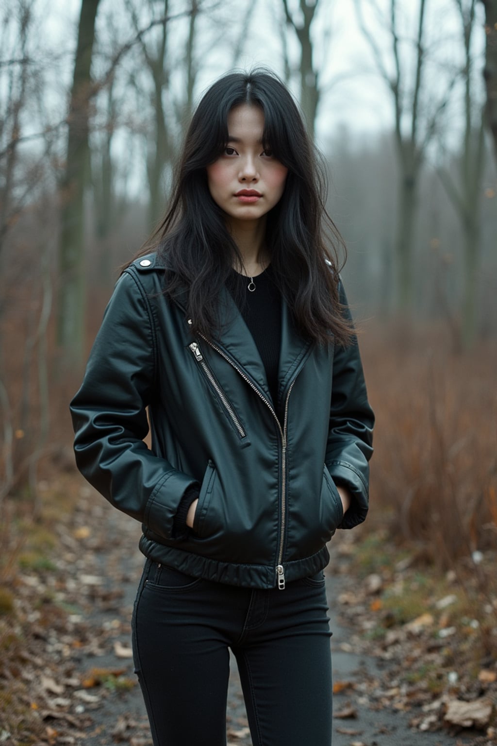 woman in abandoned overgrown amusement park with amusement rides in Chernobyl. wearing black boots and black pants.