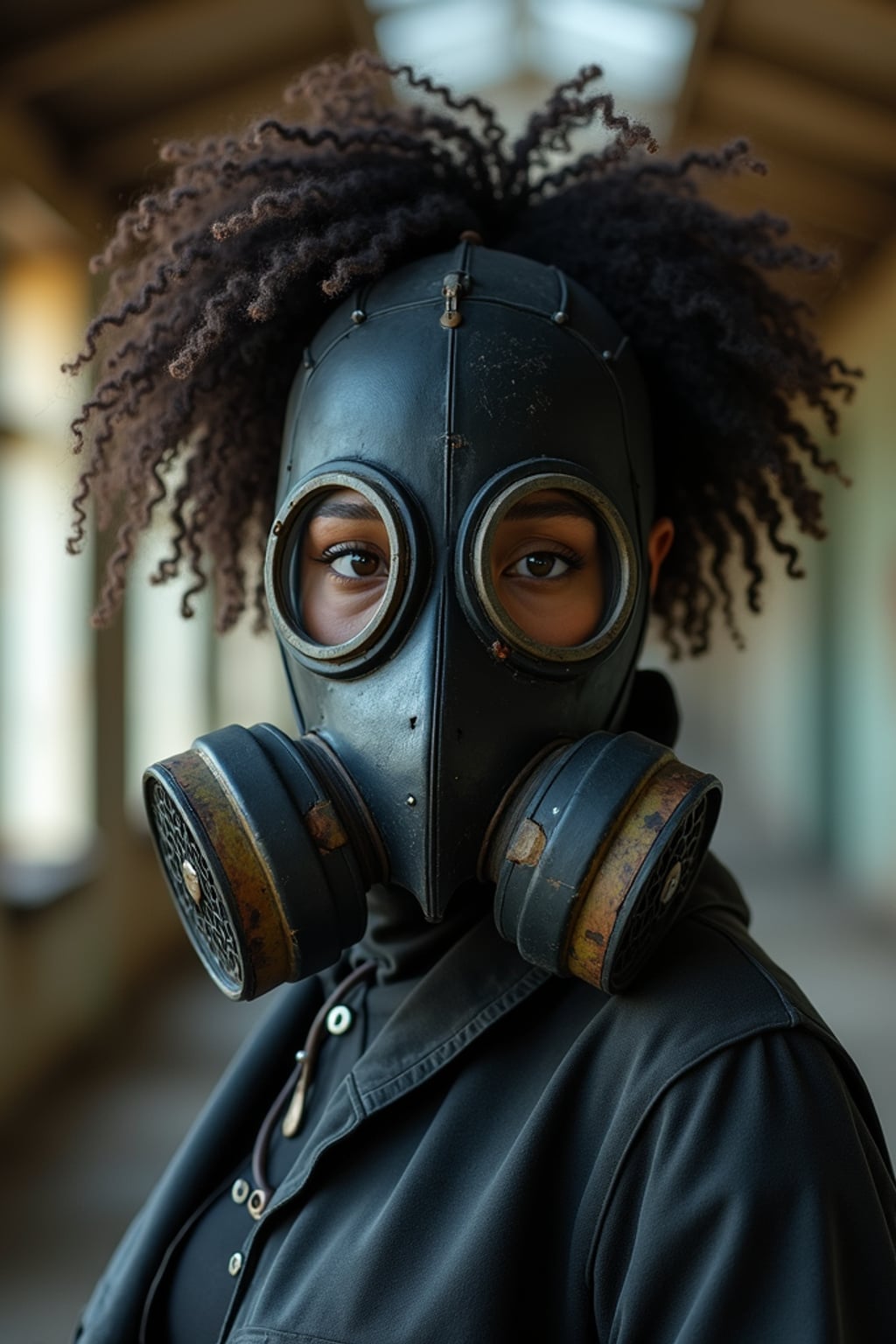 woman wearing black gas mask in abandoned rusty Chernobyl.