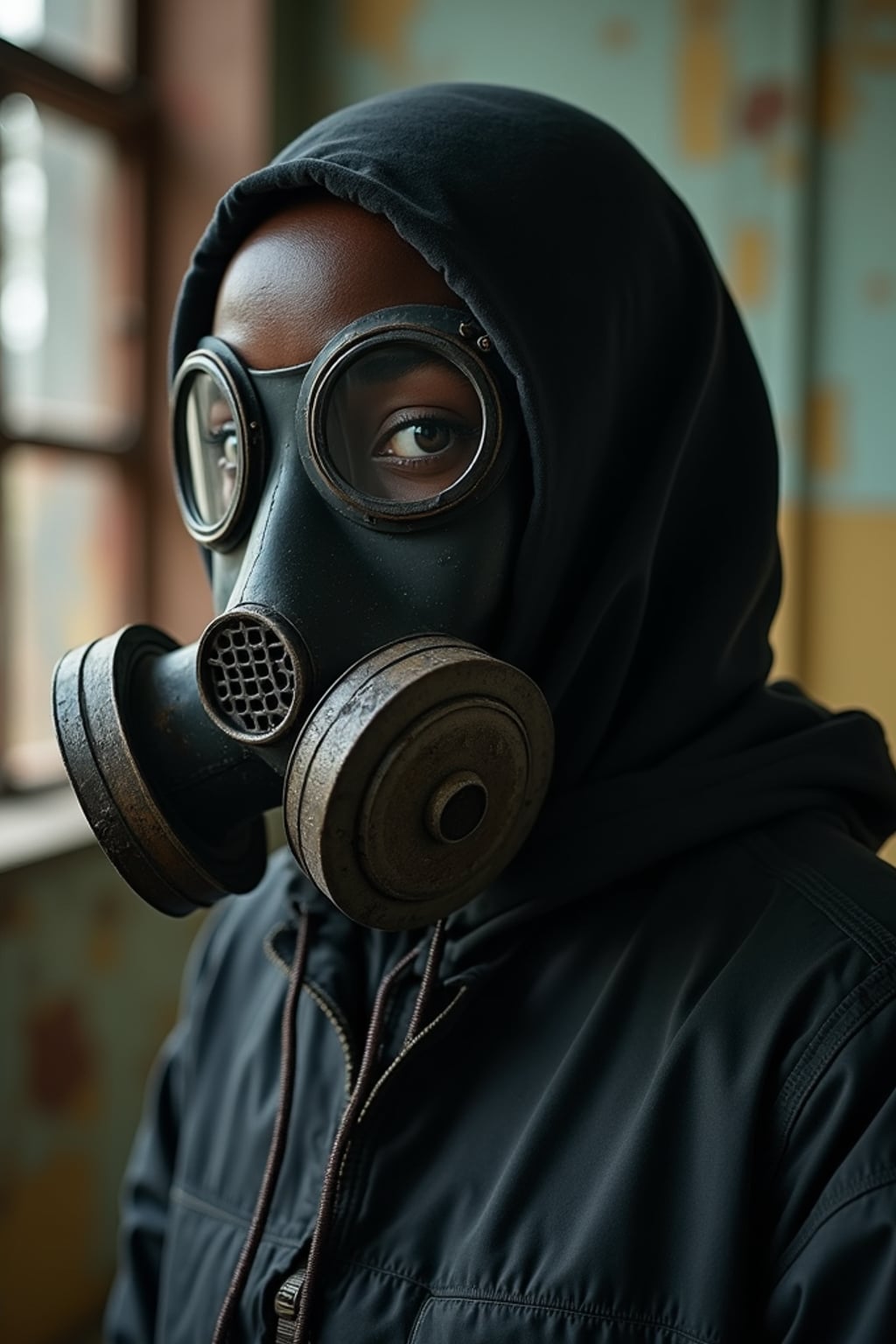 woman wearing black gas mask in abandoned rusty Chernobyl.