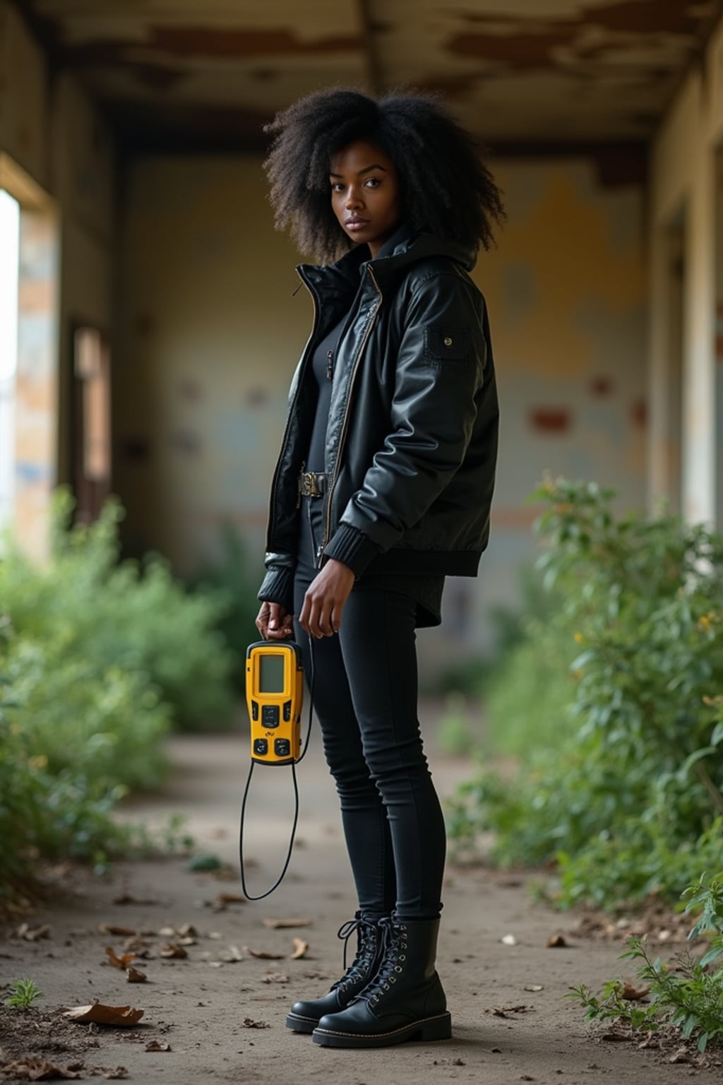 woman holding a handheld small yellow geiger counter in desolate abandoned rusty building with overgrown nature. wearing black boots and black pants.