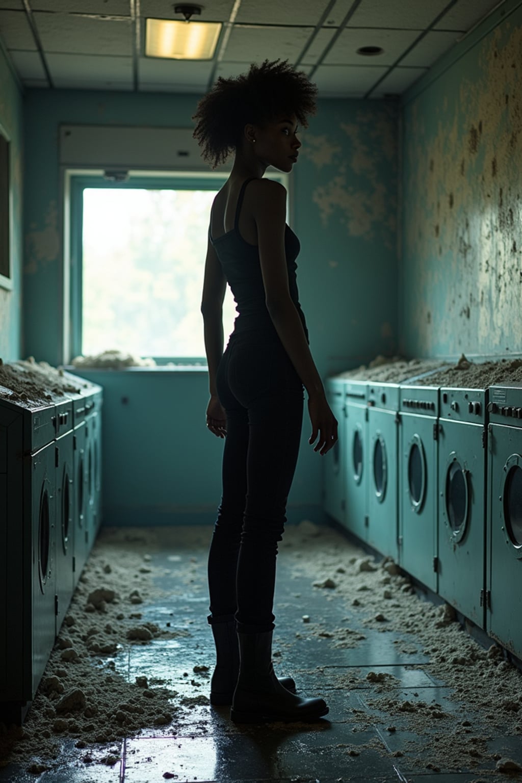 woman inside the chernobyl nuclear reactor control room, standing among broken panels, shattered screens switched off. natural light from outside. wearing black boots and black pants and black tank top.