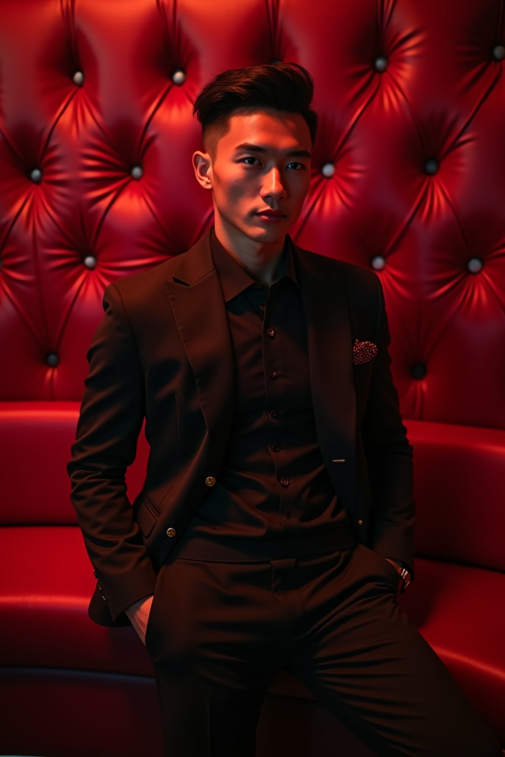 man in the spacious luxurious VIP section of a nightclub with red tufted leather couches. at night.  the man wears a sharp suit or stylish blazer with dress pants, reflecting a high-class and fashionable appearance in the exclusive environment.