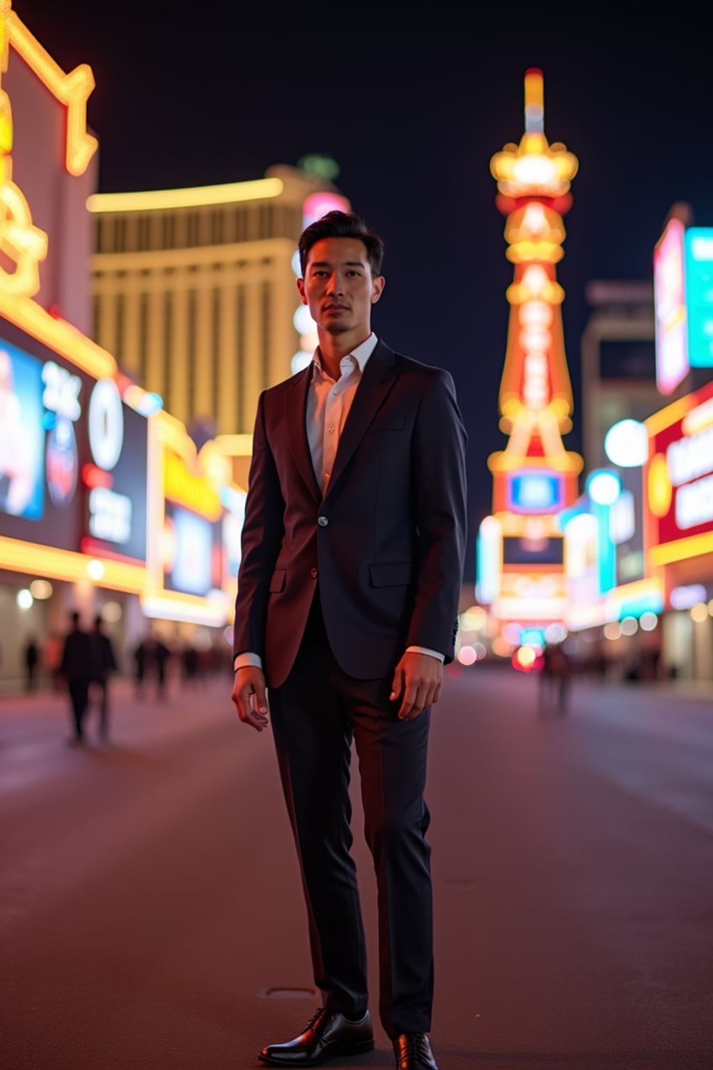 man in front of iconic Las Vegas casino signs. at night.  the man wears a polished outfit, like a sharp suit with dress shoes, standing out against the neon lights.