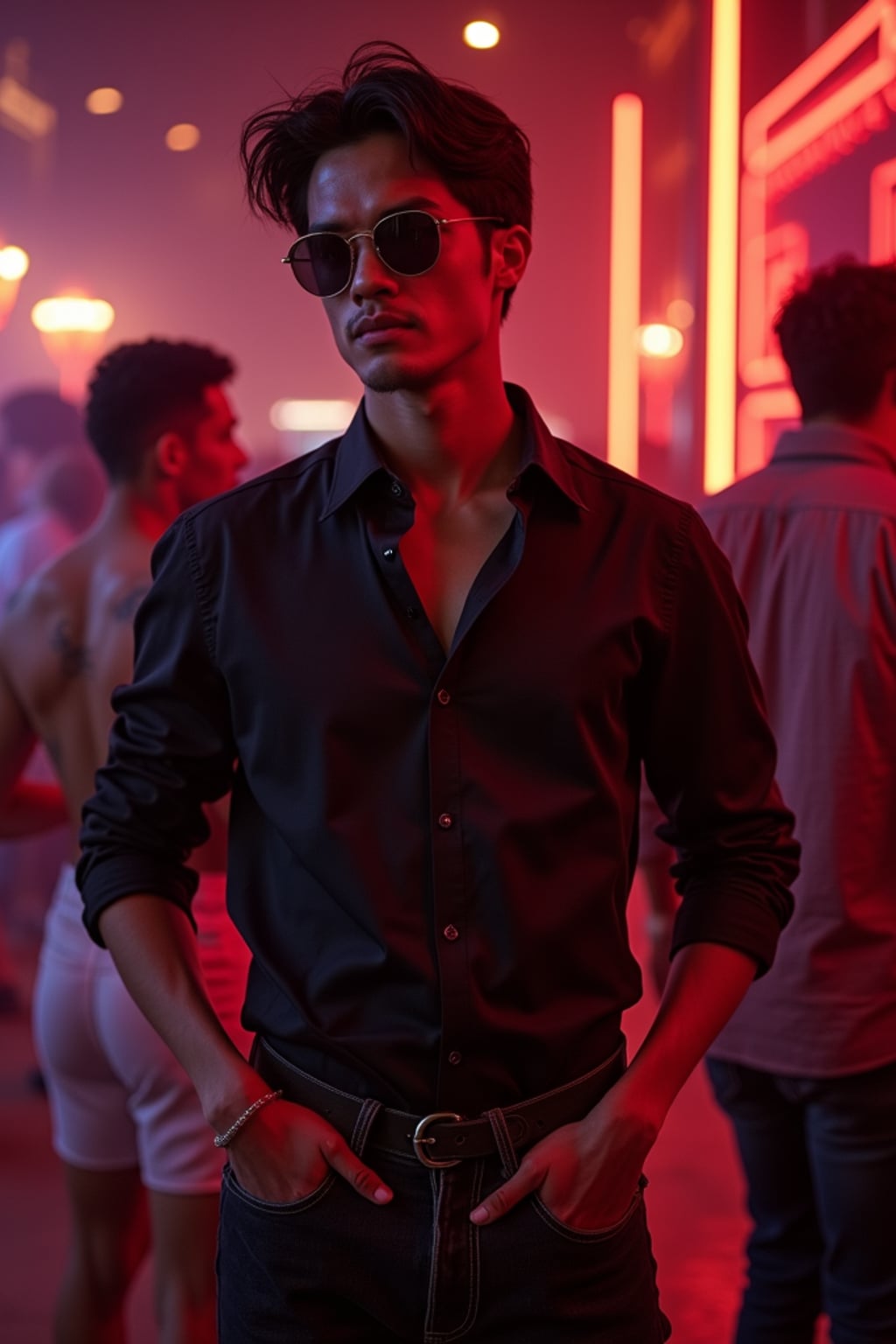 man at an exotic dancer strip club in Las Vegas. at night.  the man wears a bold and stylish outfit, like a fitted button-up shirt and dark jeans, with a confident stance.