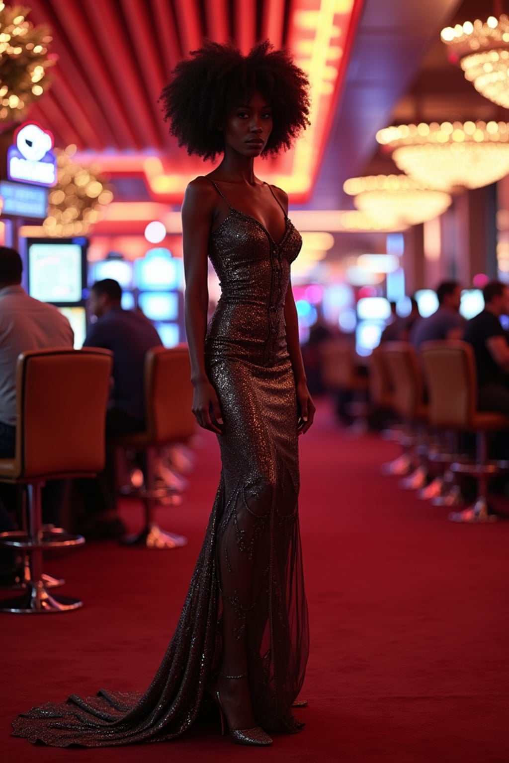 woman in a glamorous casino on the Las Vegas Strip. at night. the woman wears a glamorous evening dress with high heels.