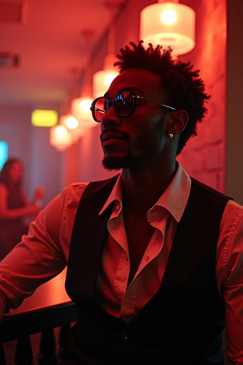man in a stylish lounge bar with a glamorous ambiance. at night.  the man is dressed in a chic ensemble, like a dress shirt with a vest and trousers, enjoying the upscale setting.