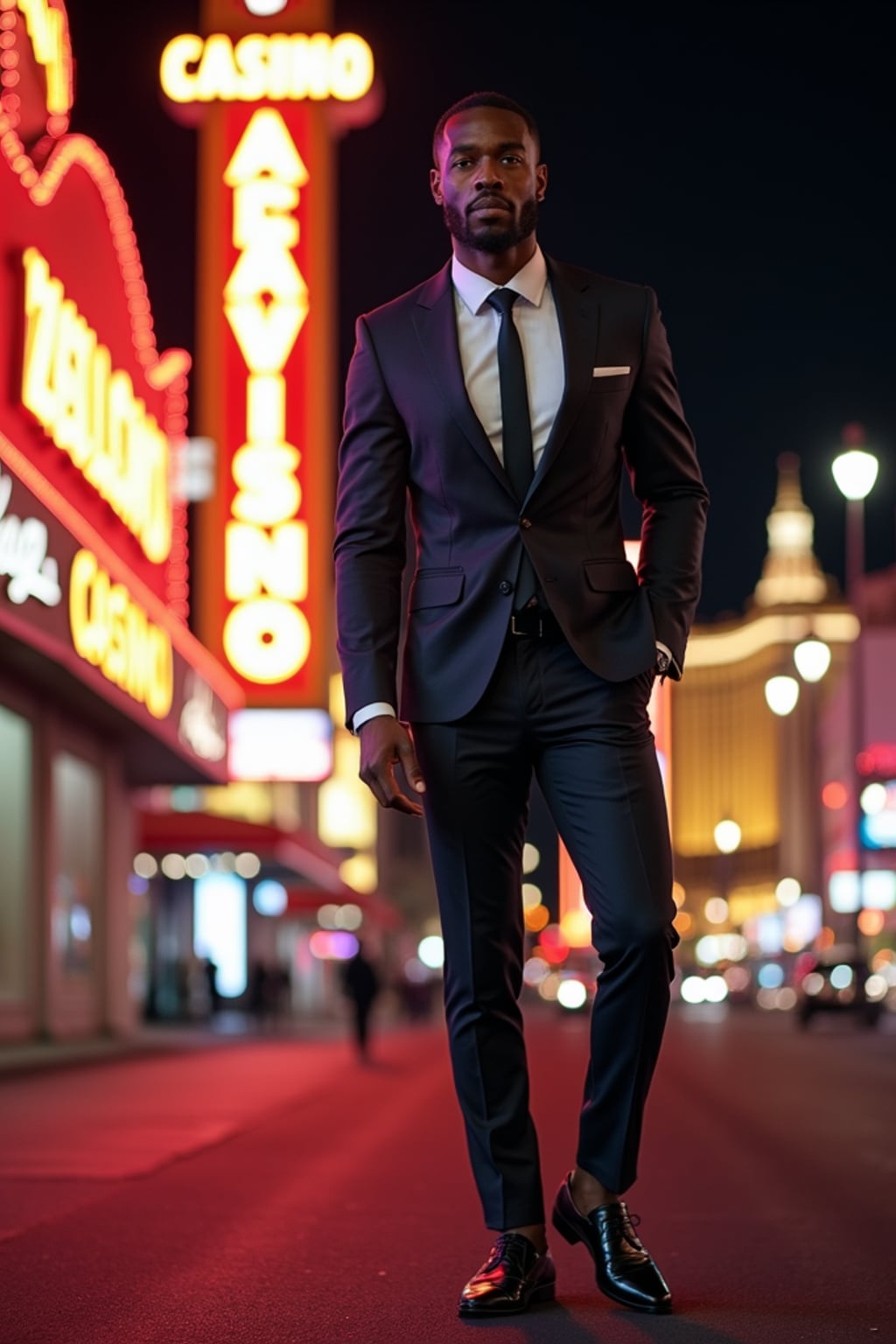 man in front of iconic Las Vegas casino signs. at night.  the man wears a polished outfit, like a sharp suit with dress shoes, standing out against the neon lights.