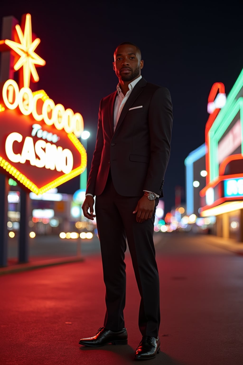 man in front of iconic Las Vegas casino signs. at night.  the man wears a polished outfit, like a sharp suit with dress shoes, standing out against the neon lights.