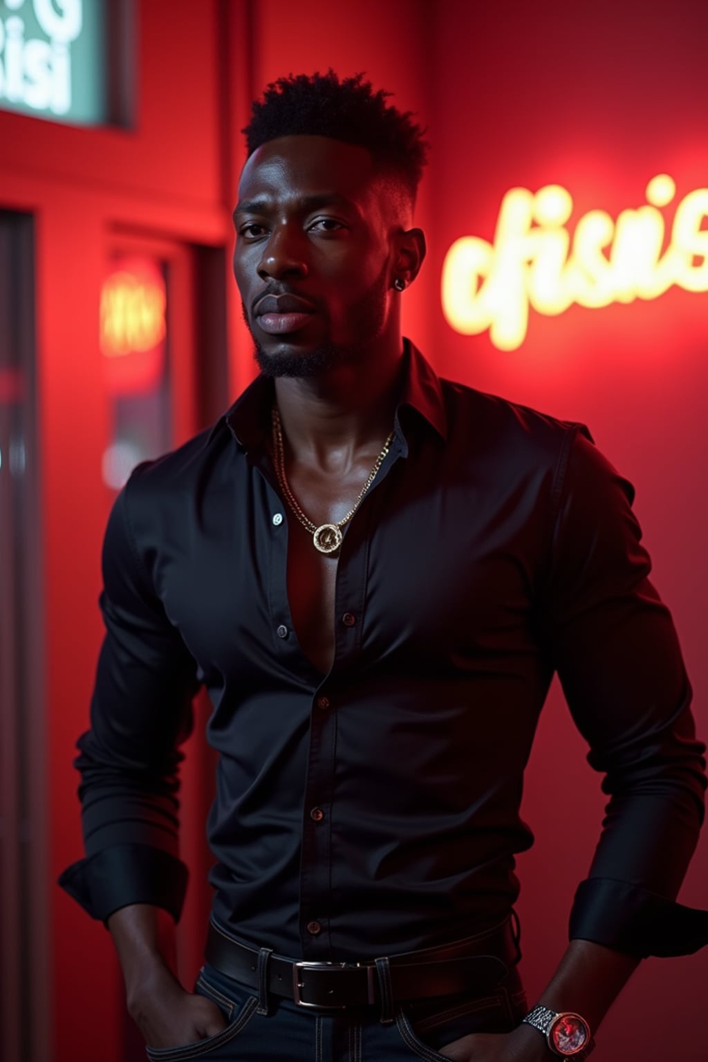 man at an exotic dancer strip club in Las Vegas. at night.  the man wears a bold and stylish outfit, like a fitted button-up shirt and dark jeans, with a confident stance.