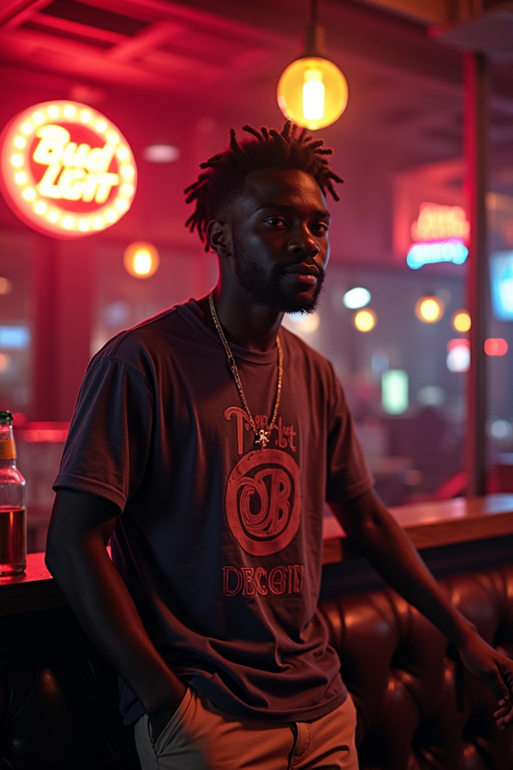 man exploring a lively dive bar in Las Vegas. at night. neon sign says "BUD LIGHT".  the man wears a relaxed but fashionable outfit, like a graphic tee and chinos, with a playful and relaxed vibe.