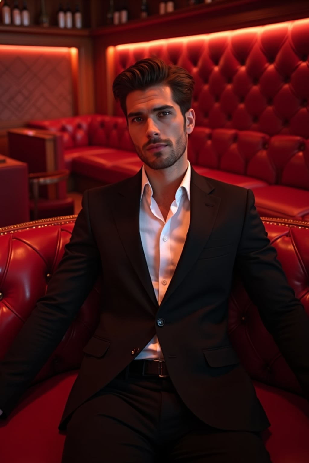 man in the spacious luxurious VIP section of a nightclub with red tufted leather couches. at night.  the man wears a sharp suit or stylish blazer with dress pants, reflecting a high-class and fashionable appearance in the exclusive environment.