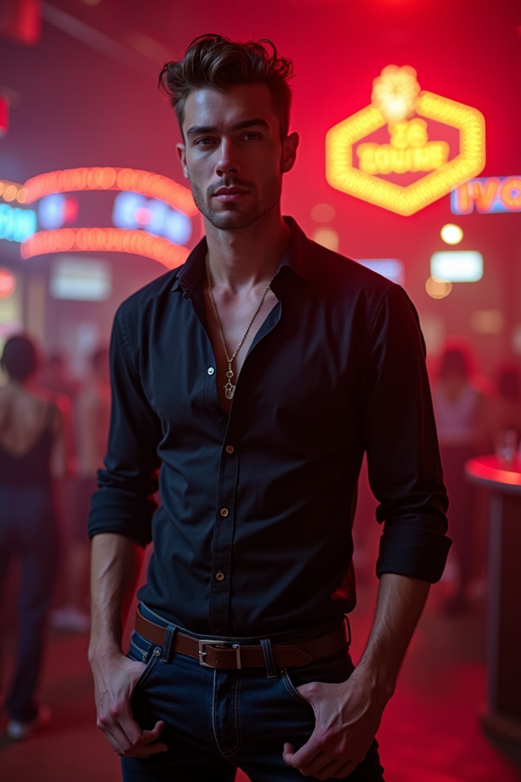 man at an exotic dancer strip club in Las Vegas. at night.  the man wears a bold and stylish outfit, like a fitted button-up shirt and dark jeans, with a confident stance.