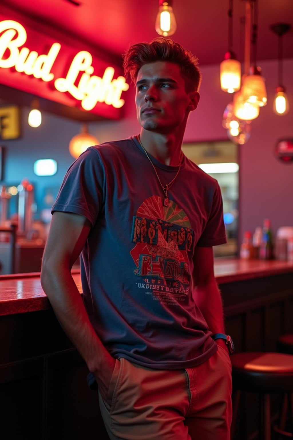 man exploring a lively dive bar in Las Vegas. at night. neon sign says "BUD LIGHT".  the man wears a relaxed but fashionable outfit, like a graphic tee and chinos, with a playful and relaxed vibe.