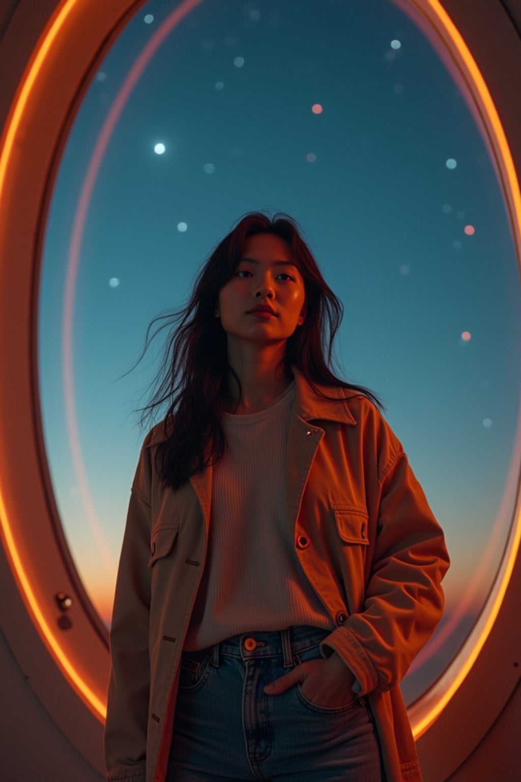 woman inside indoor Space Observatory on Mars. only stars visible in ceiling glass at night. woman wearing casual clothes.