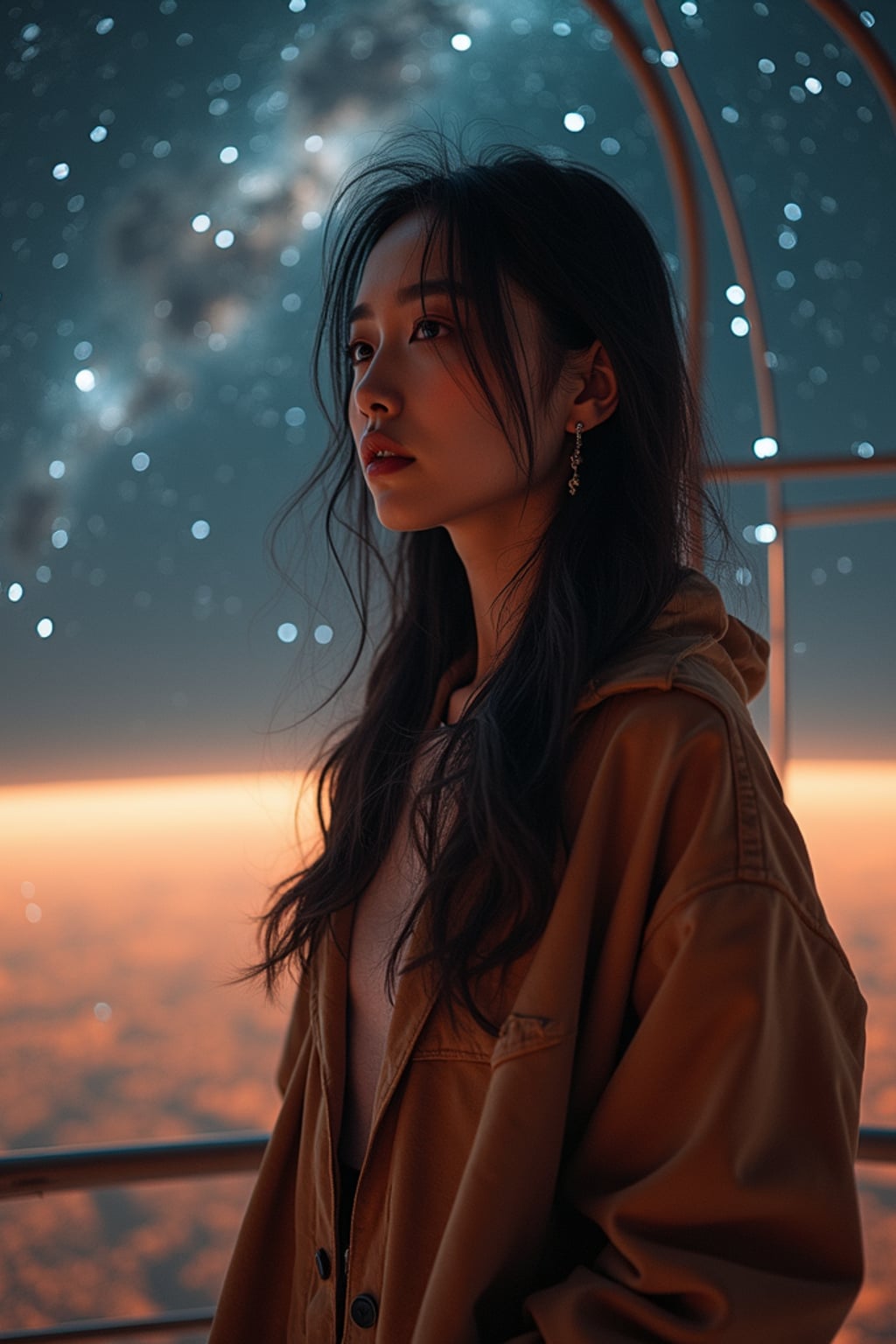 woman inside indoor Space Observatory on Mars. only stars visible in ceiling glass at night. woman wearing casual clothes.