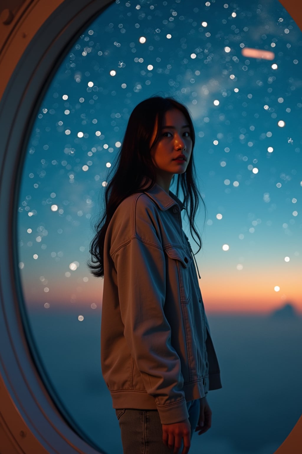 woman inside indoor Space Observatory on Mars. only stars visible in ceiling glass at night. woman wearing casual clothes.