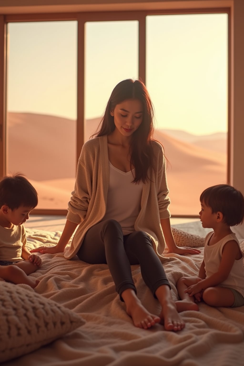 woman in a futuristic living room with children playing. Mars red dunes is visible in big windows. woman wears a relaxed cardigan and leggings.