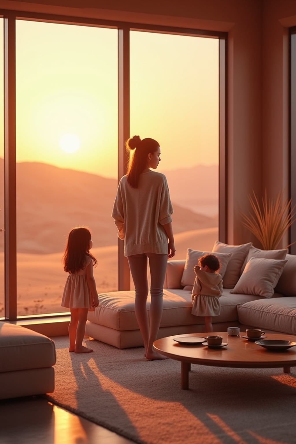 woman in a futuristic living room with children playing. Mars red dunes is visible in big windows. woman wears a relaxed cardigan and leggings.