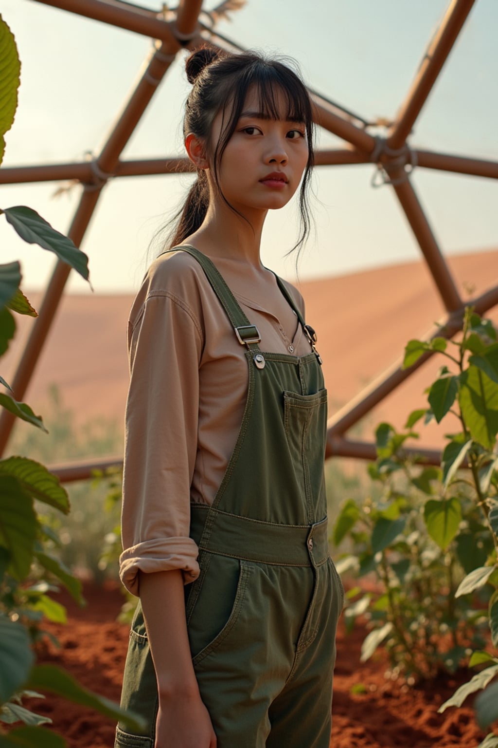 woman in a futuristic geodesic dome growing plants, fruits and vegetables on Mars, with the Mars red dunes visible in windows. woman wears overalls and a long-sleeve shirt.