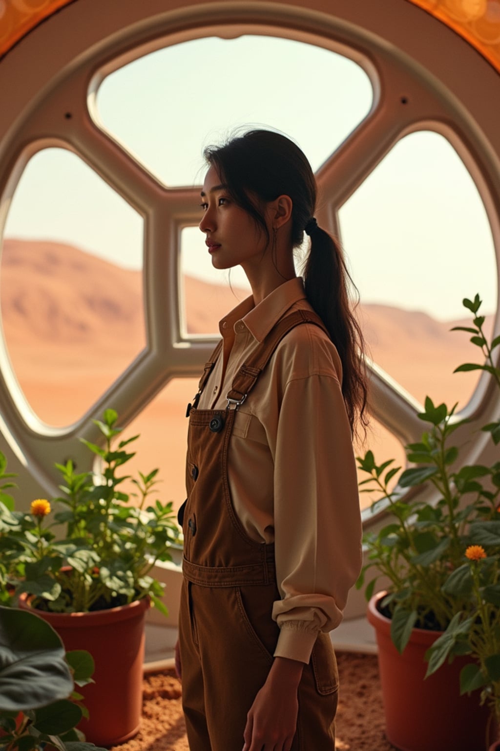 woman in a futuristic geodesic dome growing plants, fruits and vegetables on Mars, with the Mars red dunes visible in windows. woman wears overalls and a long-sleeve shirt.