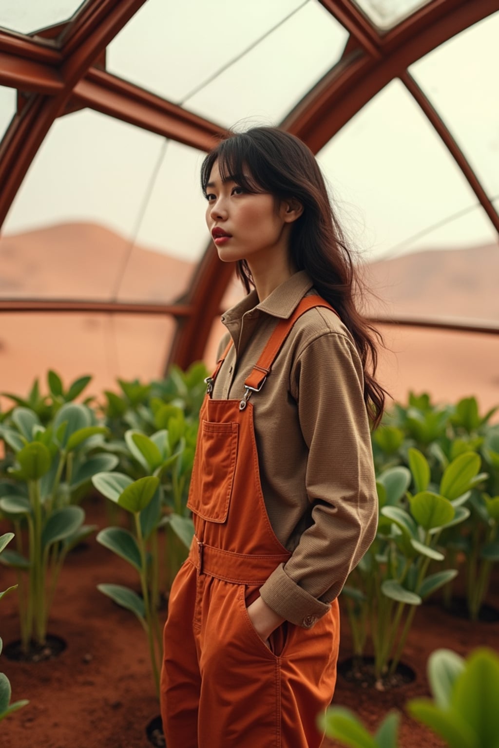 woman in a futuristic geodesic dome growing plants, fruits and vegetables on Mars, with the Mars red dunes visible in windows. woman wears overalls and a long-sleeve shirt.