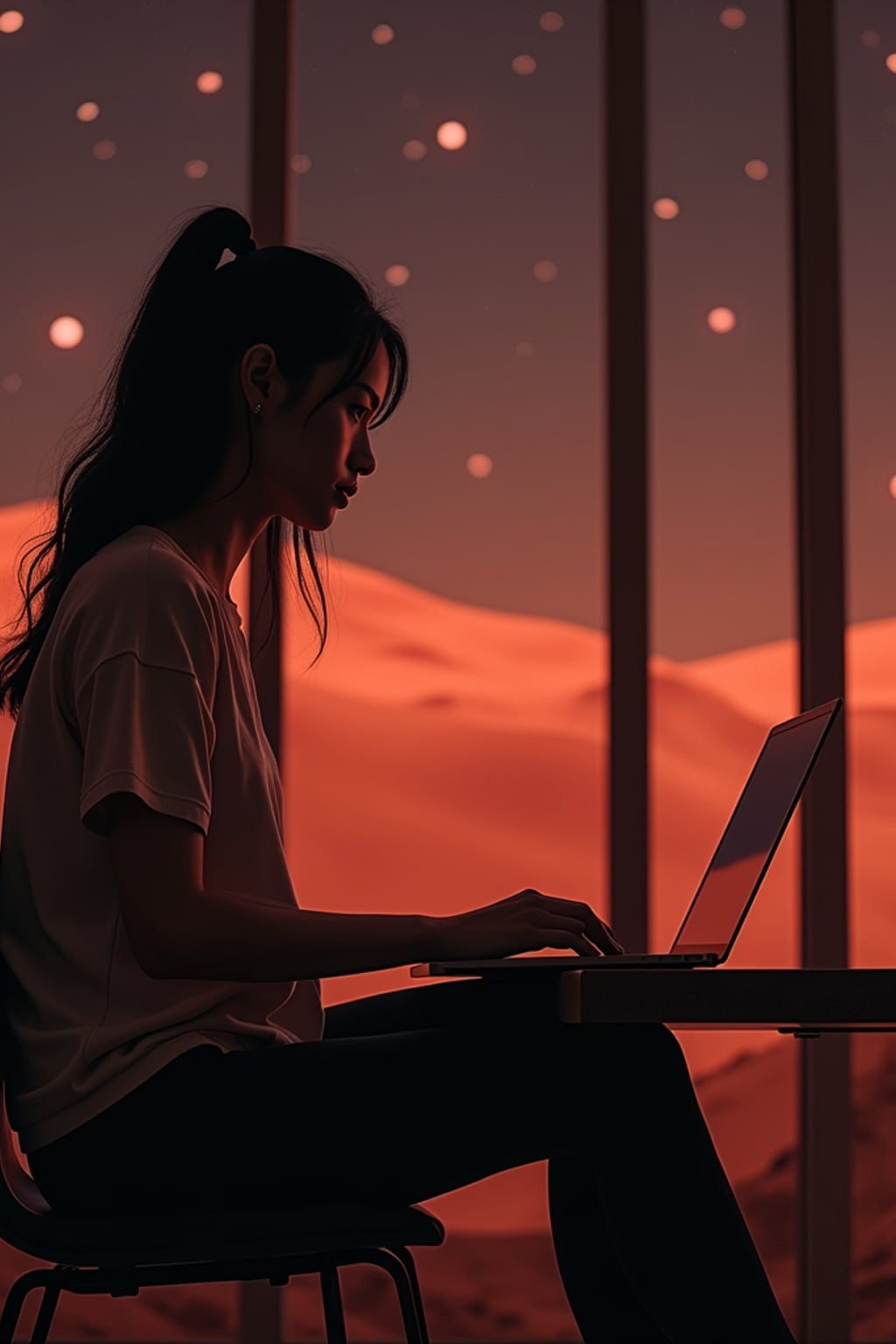 woman working on a laptop indoor a co-working space on Mars at night. Mars red dunes is visible in big windows. woman wears a casual blouse and black leggings.