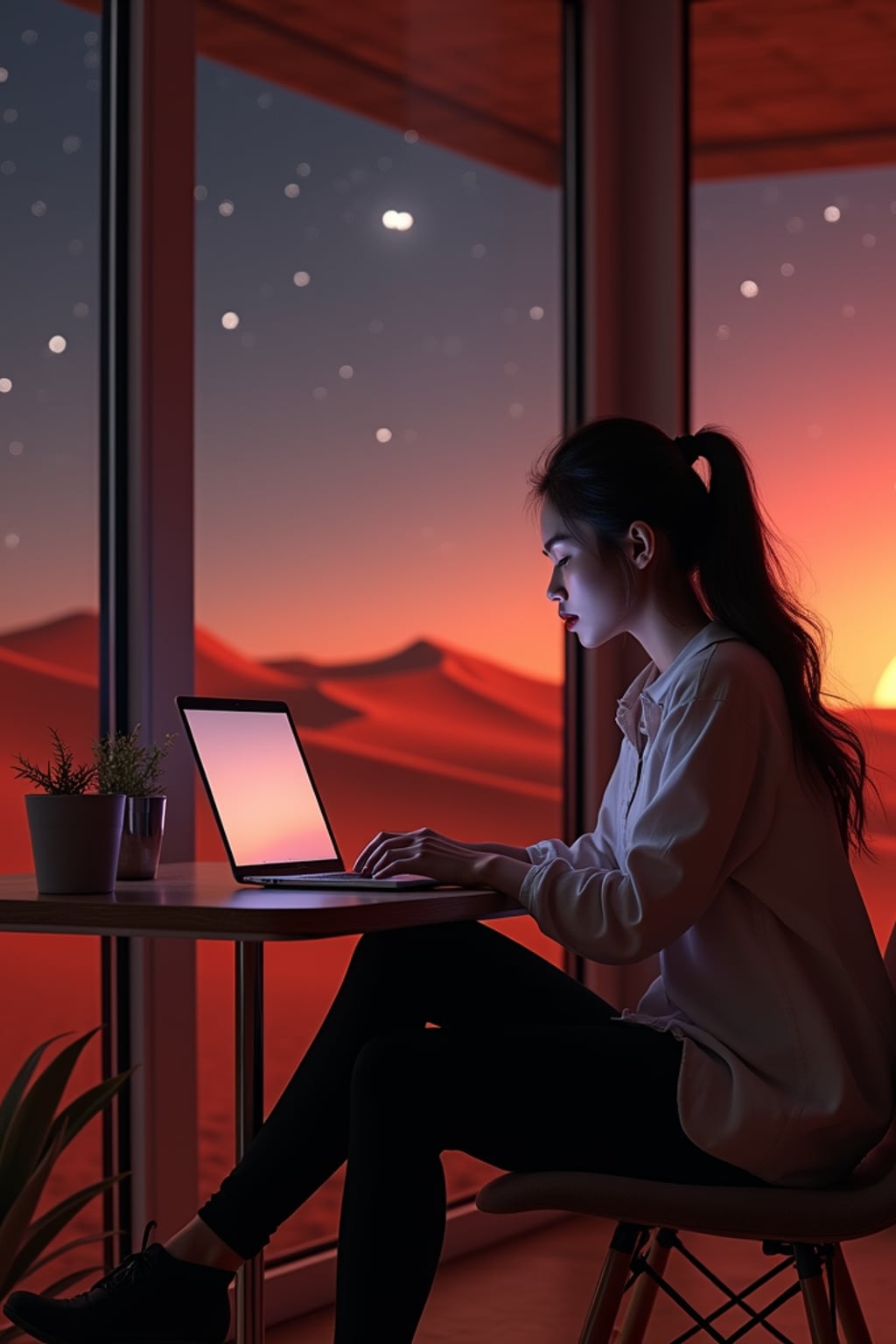 woman working on a laptop indoor a co-working space on Mars at night. Mars red dunes is visible in big windows. woman wears a casual blouse and black leggings.