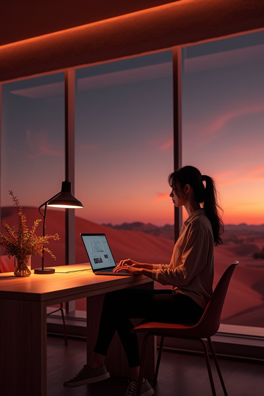 woman working on a laptop indoor a co-working space on Mars at night. Mars red dunes is visible in big windows. woman wears a casual blouse and black leggings.