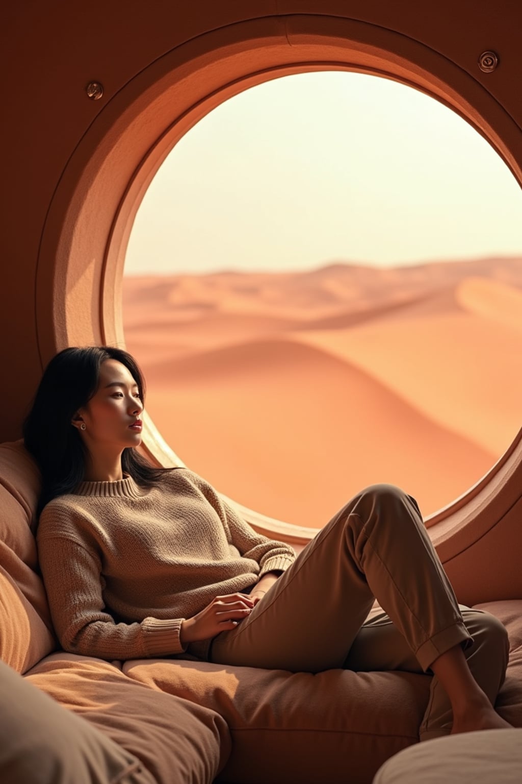 woman relaxing in a Mars habitat lounge area. Mars red dunes is visible in big windows. woman wears a comfy sweater and joggers.