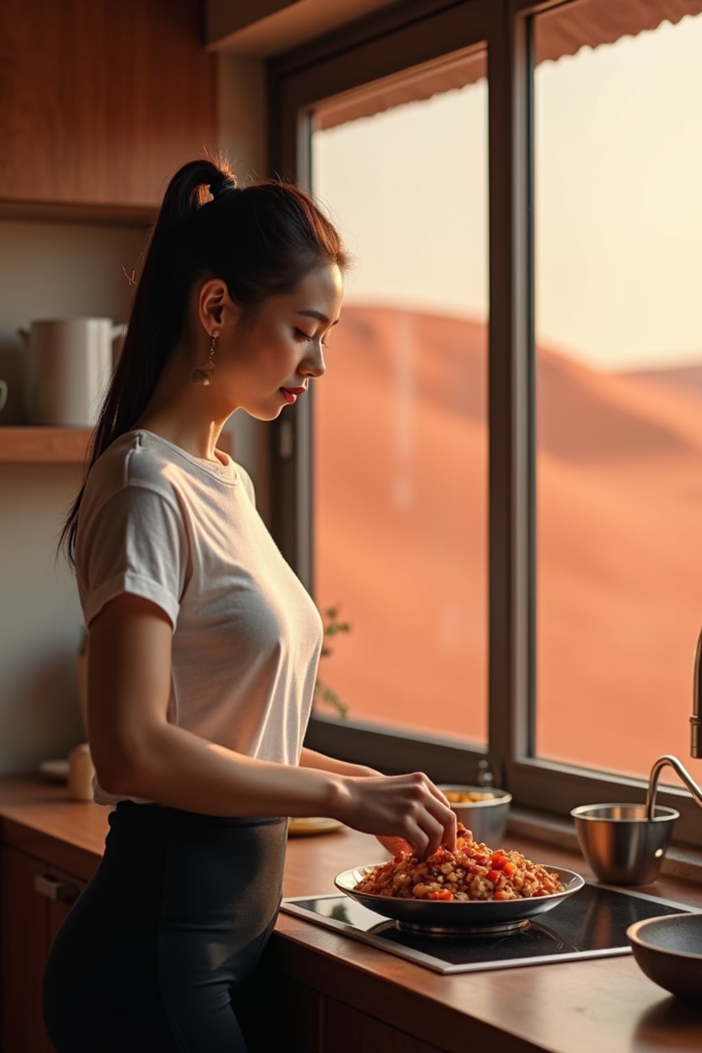 woman inside in an indoor kitchen preparing food with Mars red dunes in the big windows. woman wears a simple t-shirt and leggings.