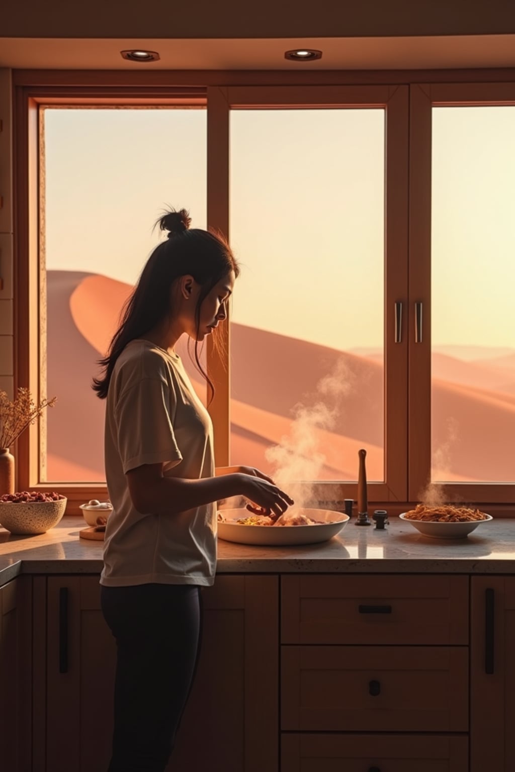 woman inside in an indoor kitchen preparing food with Mars red dunes in the big windows. woman wears a simple t-shirt and leggings.