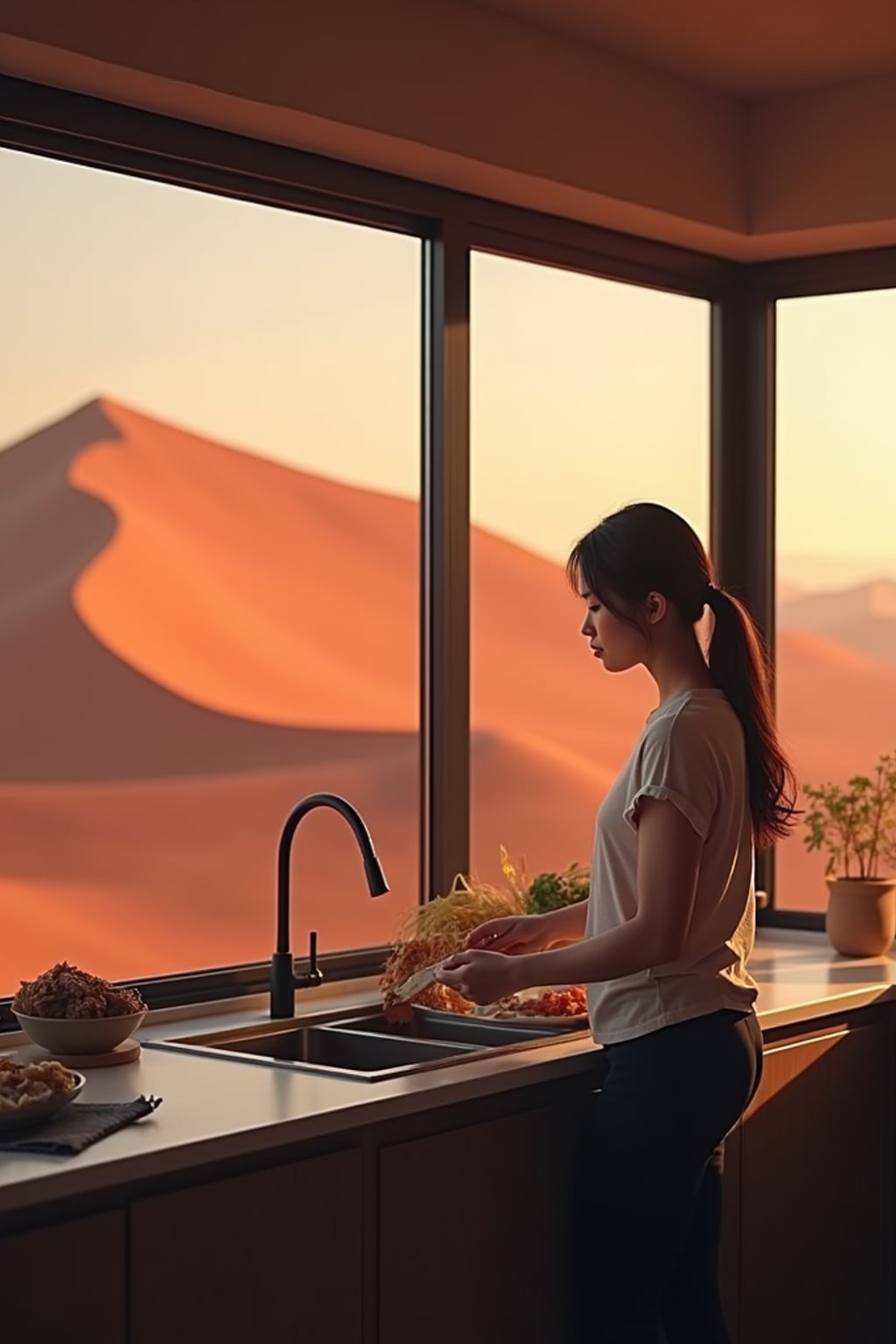 woman inside in an indoor kitchen preparing food with Mars red dunes in the big windows. woman wears a simple t-shirt and leggings.