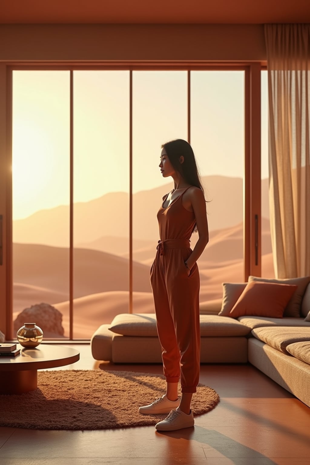 woman in a modern living room on Mars with the Mars red dunes visible in the big windows. woman wears a fitted jumpsuit with sneakers.